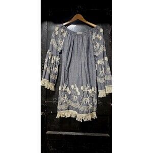 VELZERA Embroidered Fringe Off Shoulder Dress Blue White Rayon Flared Sleeve S